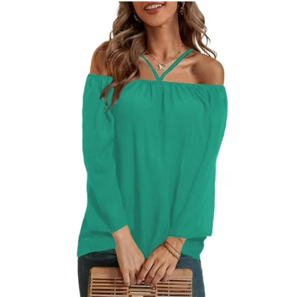 Green Off-Shoulder Flutter Sleeve Blouse